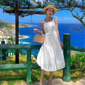 

Woman A-line Dress Sleeveless Square Collar Behomian Elegant Halter Dresses Vintage Solid Elastic Waist Mid-calf Chiffon Vestido