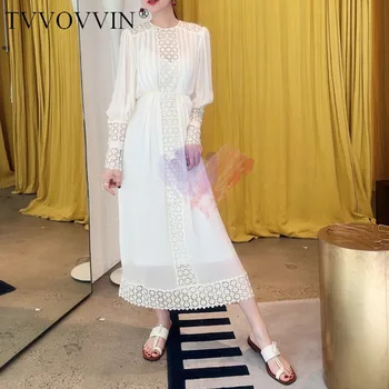 

TVVOVVIN 2019 Early Autumn White Lace Circle Hollow Out Lace Patchwork Long Sleeve O Neck Easy Even Clothes Longuette ZX386