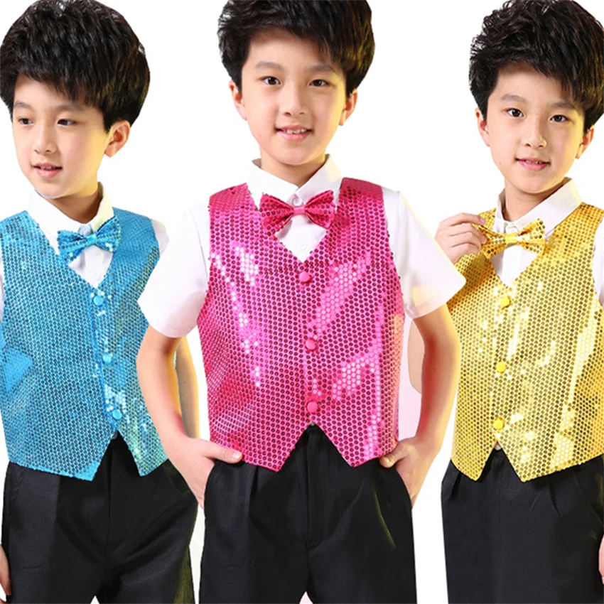 

7Color Kids Jazz Dance Vest Boys Sequin Tops Choir Shining Outfit Stage Performance Costume Hip-hop Sequined Dance Wear