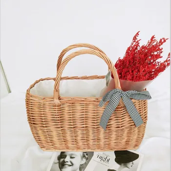

Four seasons woven female big bag rattan handbag straw travel holiday large capacity vegetable basket plush cover rattan bag