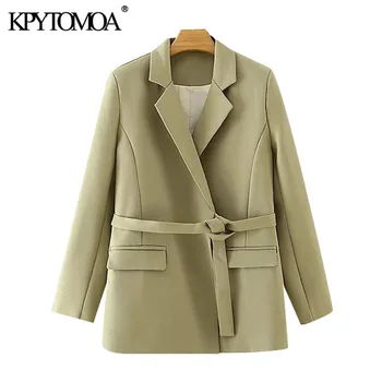 

KPYTOMOA Women 2020 Fashion With Belt Loose Blazer Coat Vintage Long Sleeve Pockets Female Outerwear Chic Tops