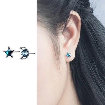 

Mocanie New 925 Sterling Silver Blue Crystal Sweet Lovely Star Moon Asymmetry Stud Earring for Women Girl Fine Jewelry Brincos