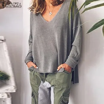 

Fashion Women V neck Blouse Autumn Tunic Tops ZANZEA Casual Long Sleeve Solid Shirts Robe Femme Work Blusas Chemise Mujer 5XL