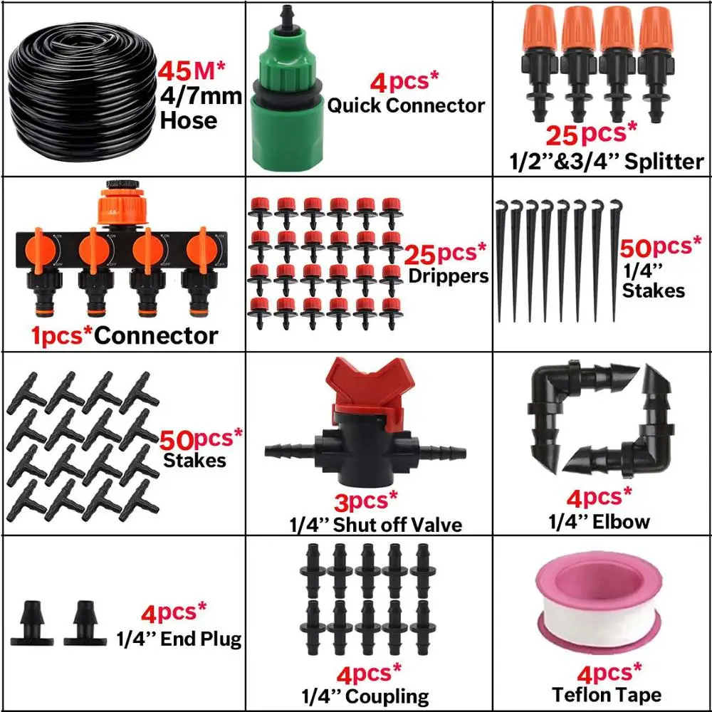 KESLA 50 м микро капельного орошения Системы капельница завод автоматический полив садовый 4/7 мм шланг комплект Регулируемый сопло капельницы теплицы - Цвет: KSL01-KIT061-45M