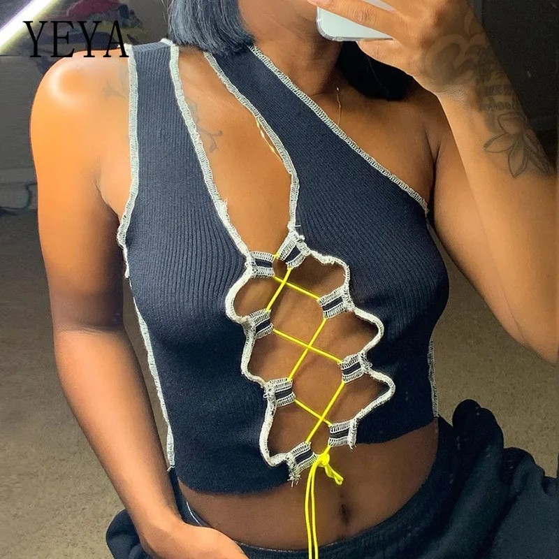 

YEYA Sexy Lace Up One Shoulder Sleeveless Solid Tank Tops Women Summer Asymmetry Ribbed Knitted Hollow Out Party Crop Top Mujer