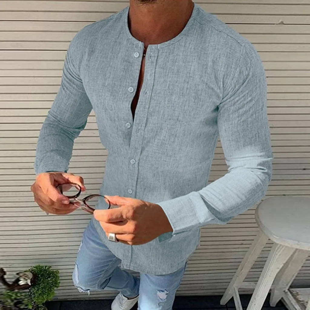 

Brand Mens Shirt Long Sleeve Thin Breathable Collar Slim Fit Solid Color Summer Cool Hemp Shirt Men Pullover 8.7