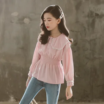 

Kids Girls Blouses Long Sleeve Shirt 2019 Spring Fall Little Big Girls Pink Shirt Chiffon Top Black Blouse Children Girl Clothes