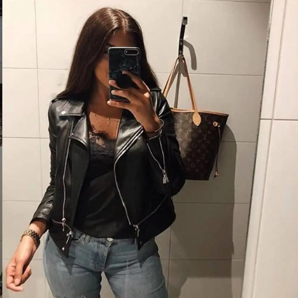 Женская кожаная куртка Ladyfirsy 2019 осенняя трендовая тонкая с отворотом карамельных