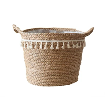 

Nordic Handmade Straw Laundry Picnic Toy Storage Basket Tassel Macrame Woven Flower Pot Plant Container Home Decoration