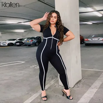 

KLALIEN summer short sleeve fashion casual zipper jumpsuit women skinny stretch high quality female jumpsuit sportswear lady