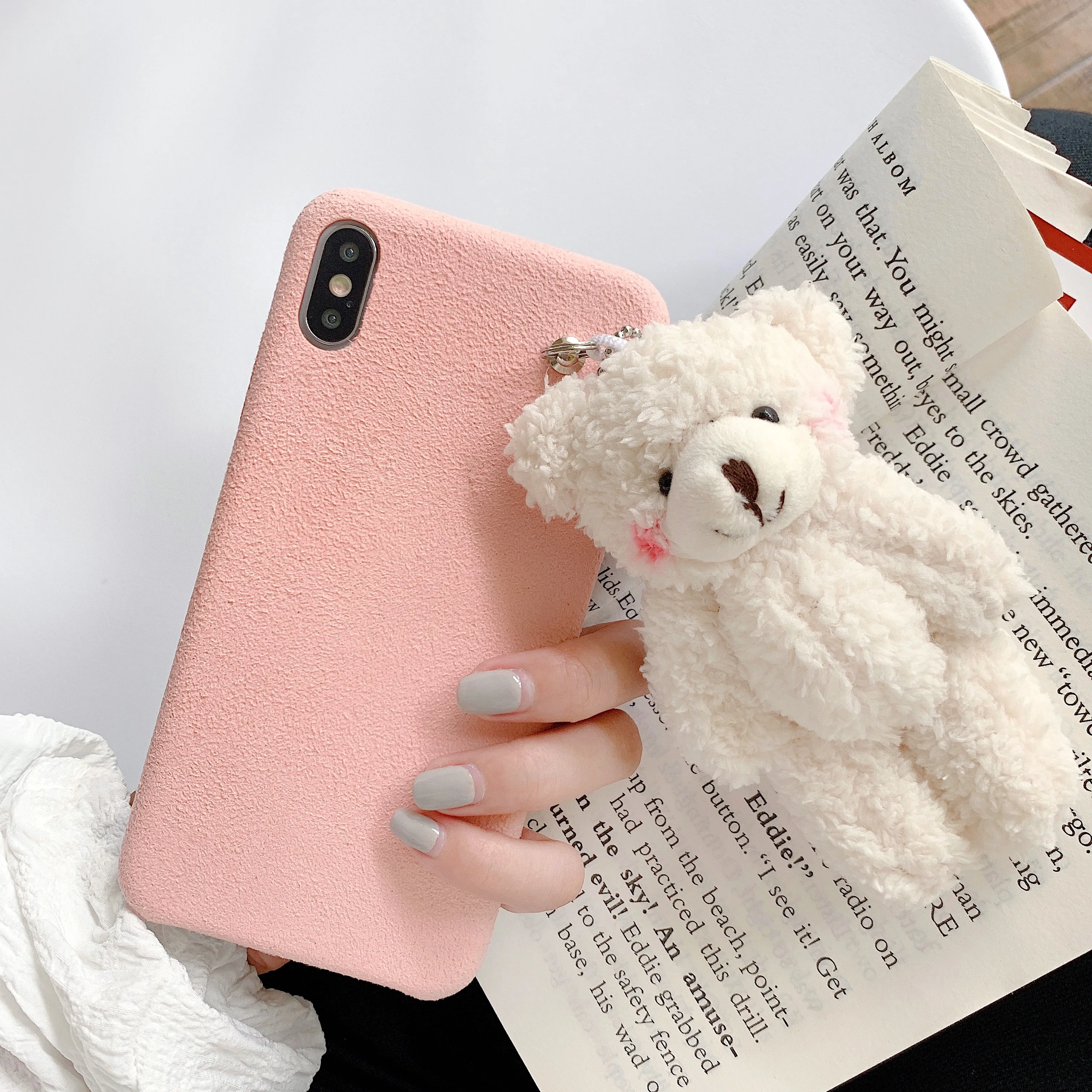Winter Series Macaron Blush Bear Short Fluff Case for iPhone 11 Pro Max XS Max XR X Phone 6 6S 7 8 Plus Furry Warm CASE Cover Khaki-for iPhone XR