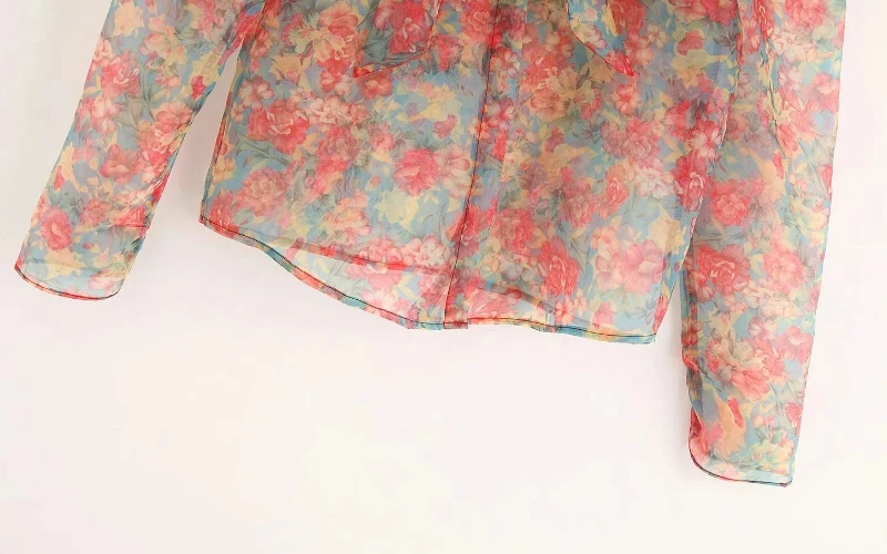 Цветочный принт, Женская шикарная рубашка из органзы с пышными рукавами, женская блузка для отдыха со стоячим воротником и галстуком-бабочкой, осенние женские свободные топы S6098