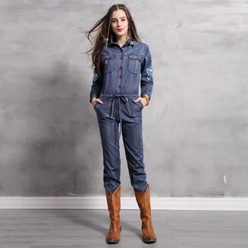 

2020 Brand Women's Spring New Denim Jumpsuit Retro Embroidery Heavy Industry Drawstring Long Sleeve Jumpsuit