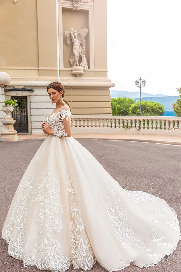 Вечернее свадебное платье с длинными рукавами, v-образный вырез, vestido de novia, фатиновое ТРАПЕЦИЕВИДНОЕ бальное платье цвета слоновой кости