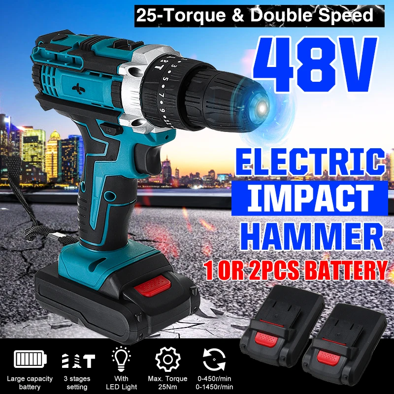 

3 In 1 25 Torque Cordless Impact Electric Drill Screwdriver 48V 2 Speed Mini Power Driver with 2 Rechargeable Battery