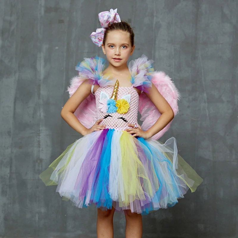 Kids Girls Unicorn Tutu Dress Pastel Rainbow Flower Princess Girl Birthday Party Dress Handmade Pageant Halloween Tutu Costume (7)