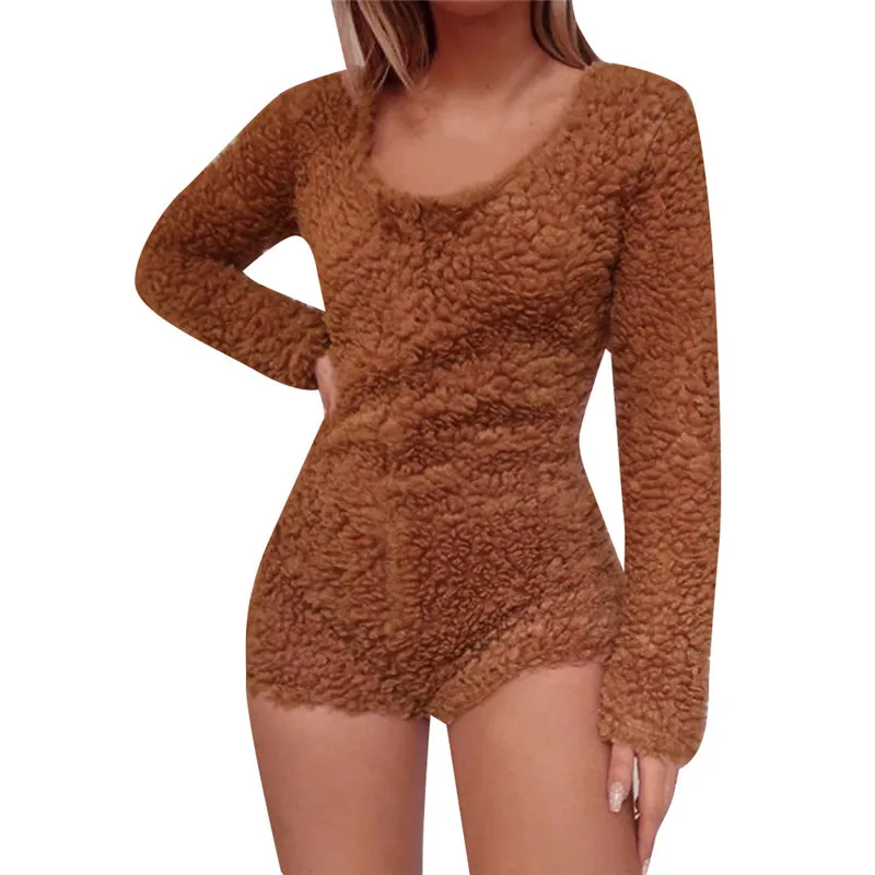 

Women Autumn Winter Warm Clothes, Coffee Solid-Color Fluffy U-Neck Long-Sleeves Loose Jumpsuit for Ladies 2020 New
