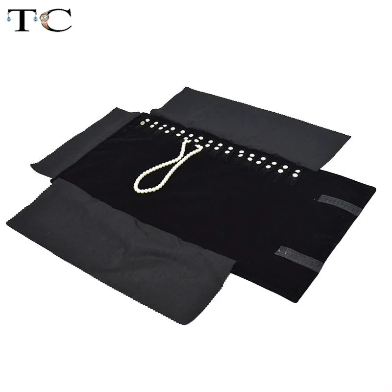 Wholesale Jewelry Roll Bag Portable Carring Case Black Velvet Organizer Multi Functional Multiple strips Necklace Storage Bag