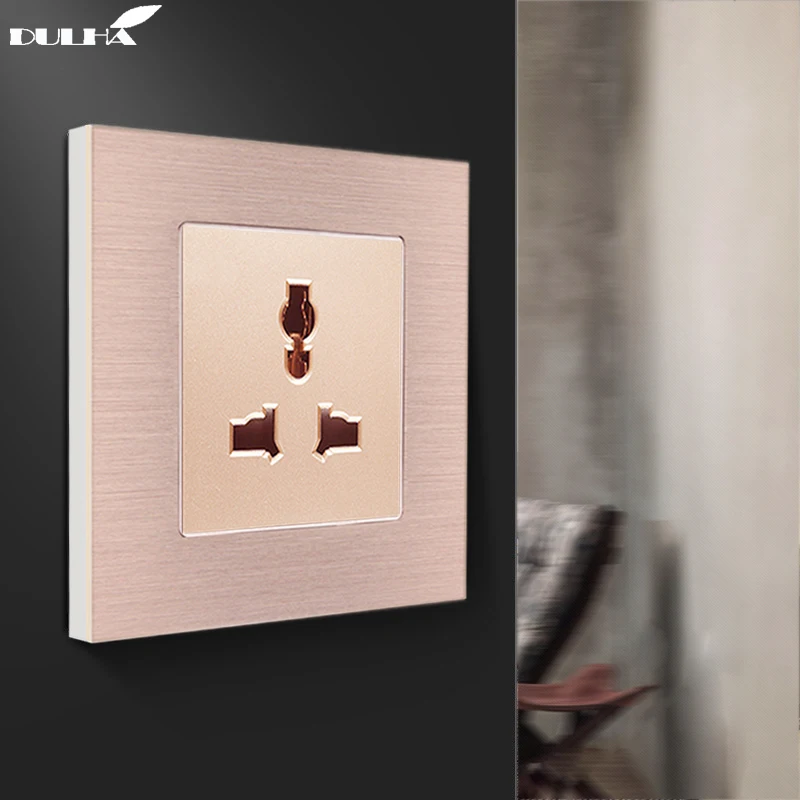 

EU UK US Universal 3-Pins/hole Wall Socket, Multifuncational 3 Pin Electrical Plug Power Outlet, Luxury Brushed Aluminum Panel
