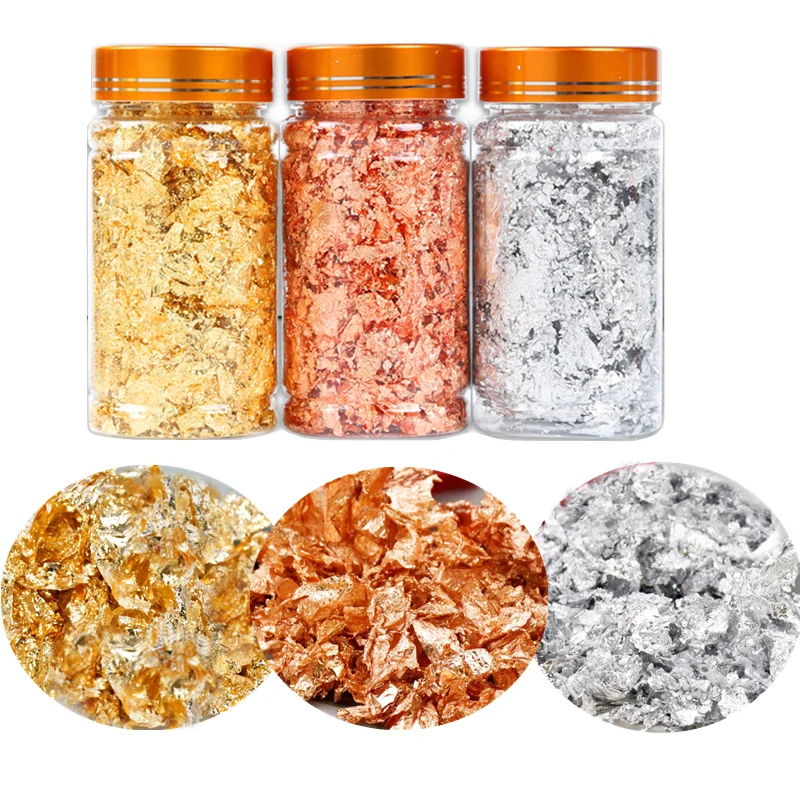 

Imitation Gold Leaf Flakes Silver Flakes for Gliding Arts Crafts Decoration Copper Silver Gold Foil Fragments Gold Flakes Craft