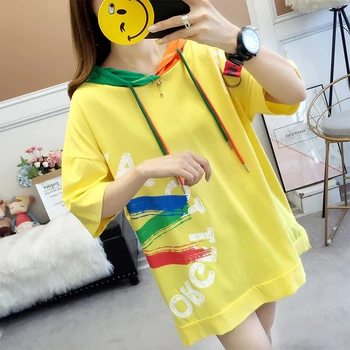 

#4854 Summer Harajuku Hooded T Shirt For Women Cotton Letter Print T-shirt Femme Plus Size 3XL Loose Casual T-shirt For Girl