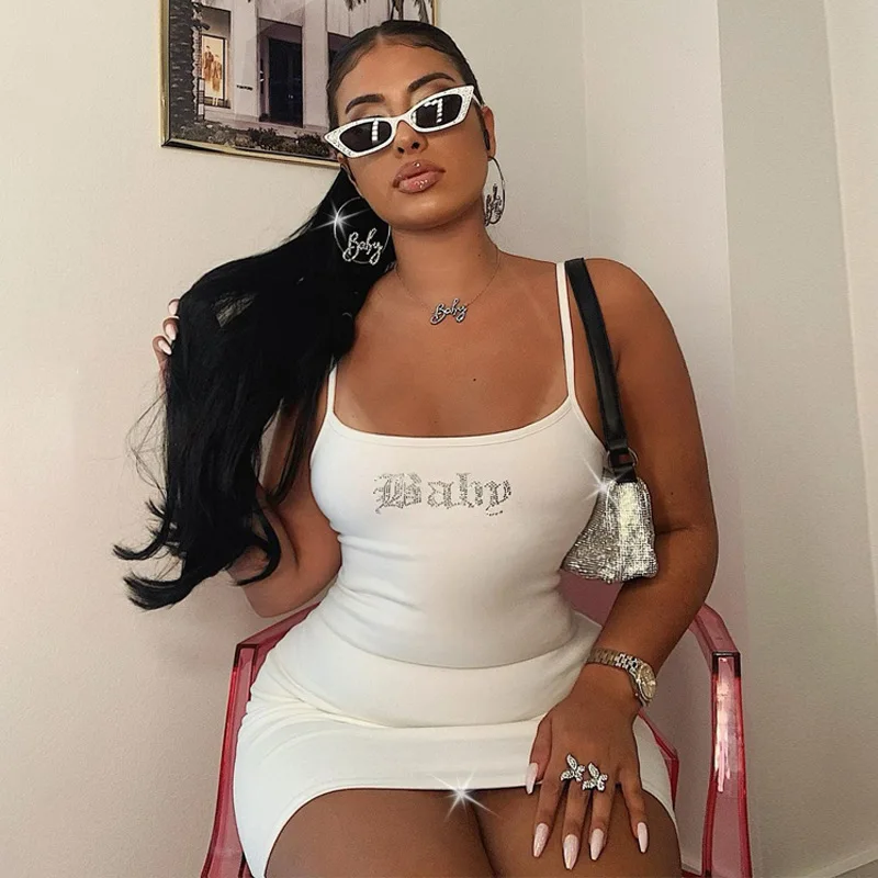 European and American Style Sexy SLING DRESS 2021 spring and summer new letter hot diamond slim dress