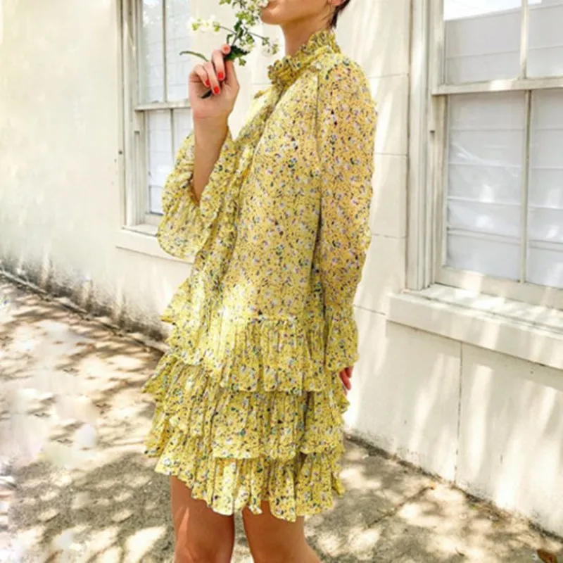 

Autumn Women Yellow Floral Printted Mini Dress pleated V Neck Lady two-piece set long Flare Sleeve short dresses ladies