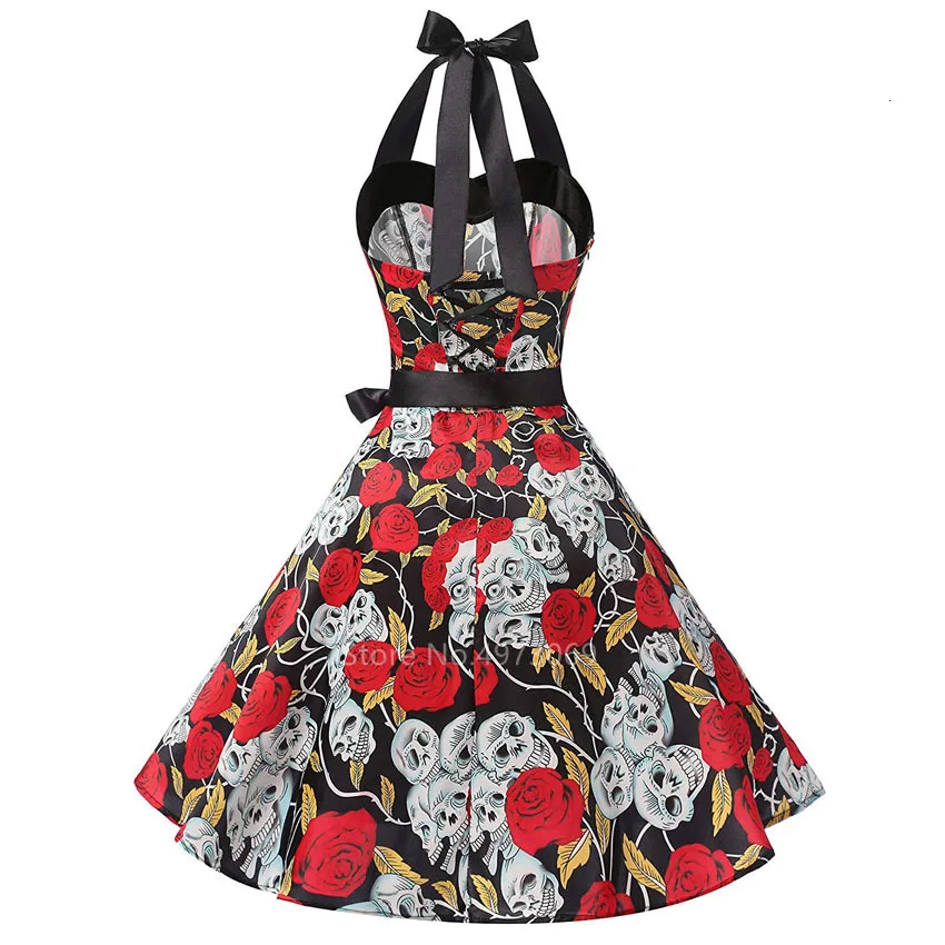 Color1 Halloween Sexy Scary Vampire Cosplay Cotume for Women Carnival Party Day of The Dead Horror Retro Skull Print Hanging Neck Dress - Цвет: Color1