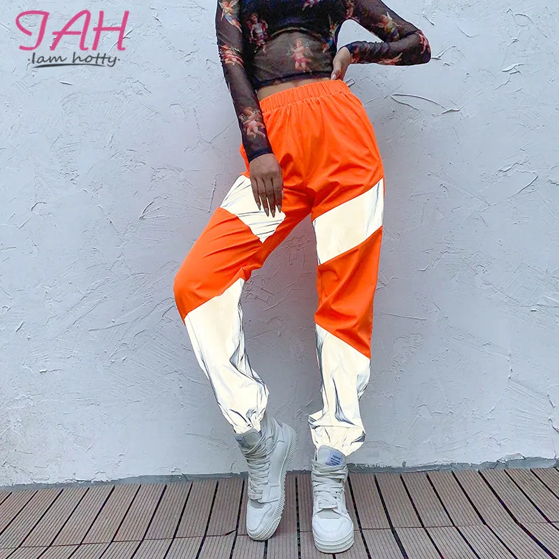 

IAMHOTTY Fashion Hip Hop Reflective Pants Patchwork Panelled Woman Jogger Pants Pocket Streetwear Baggy 2019 Autumn Sweatpants