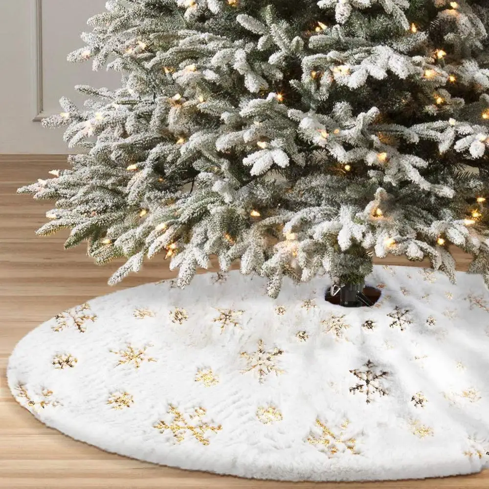 

90/122cm White Christmas Tree Skirt Plush Xmas Snowflake Embroidery Aprons Christmas Tree Carpet Decorations For Home New Year