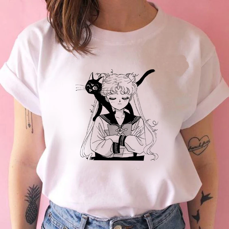 Beautiful girl with long hair T shirt Women Summer Casual Harajuku Girl Print Graphic T-shirt Short Sleeve Women Top