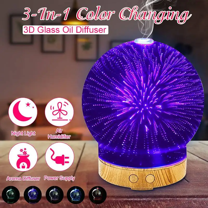 

3D Fireworks Glass Circular Shape Air Humidifier with LED Night Light Aroma Essential Oil Diffuser Mist Maker Humidifier