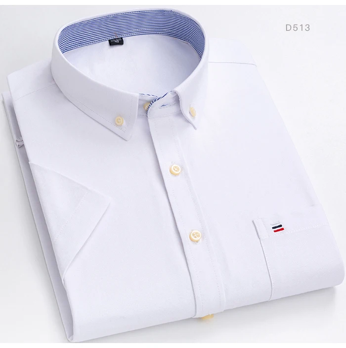 Men's Summer Casual Short Sleeve 100% Cotton Thin Oxford Shirt Single Patch Pocket Standard-fit Button-down Plaid Striped Shirts