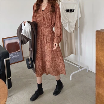 

Spring New Dress Women Sweet Floral V-neck Long Sleeve Dress Korean Style Elegant High Waist A-line Dress