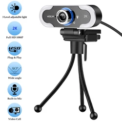 Ful HD – Webcam 2K avec Microphone, 1080P, éclairage LED, pour ordinateur portable, conférence d'étude en ligne 