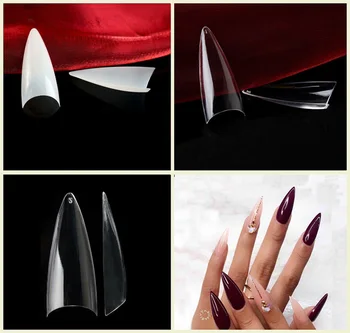 

504 Pcs Long Stiletto Nail Tips Half Cover C Curve Clear / Natural 12 Size