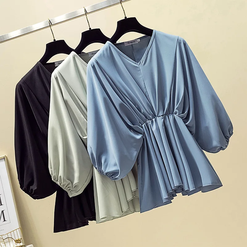 

Large GIRL'S Loose-Fit V-neck Chiffon Shirt Female Summer Slimming Bat Sleeve Large Size Tops