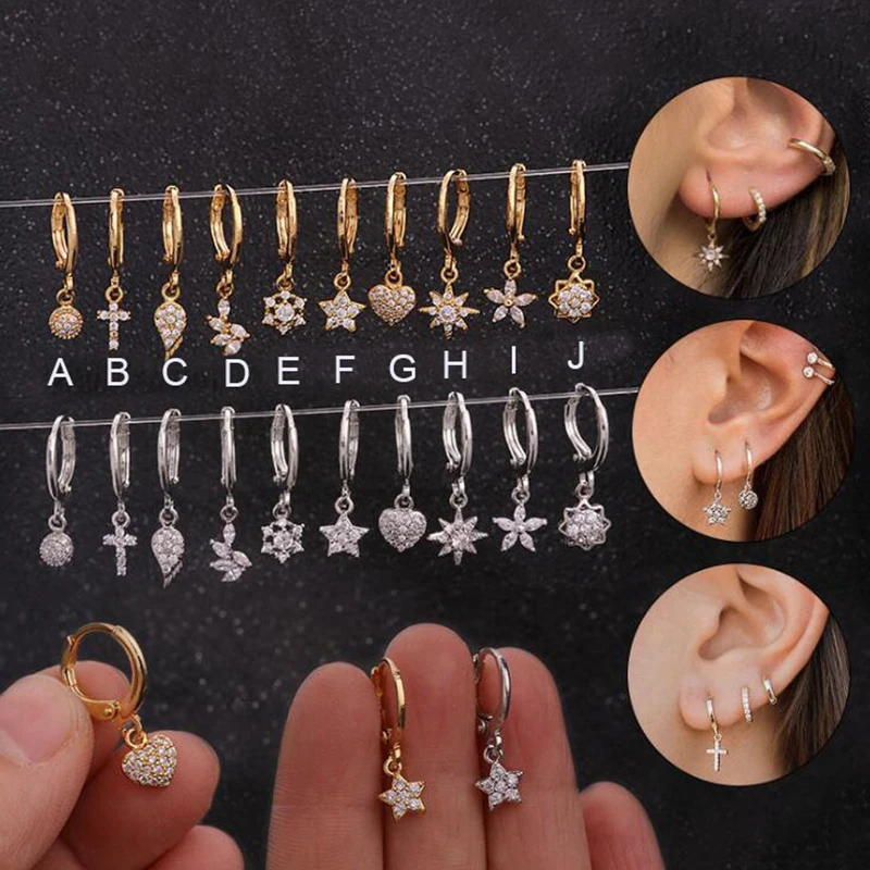 1pc Small Hoop Earrings for Women CZ Heart Star Flower Cross Wing Sunflower Geometric Hoops Gold Silver Color Jewelry Earing