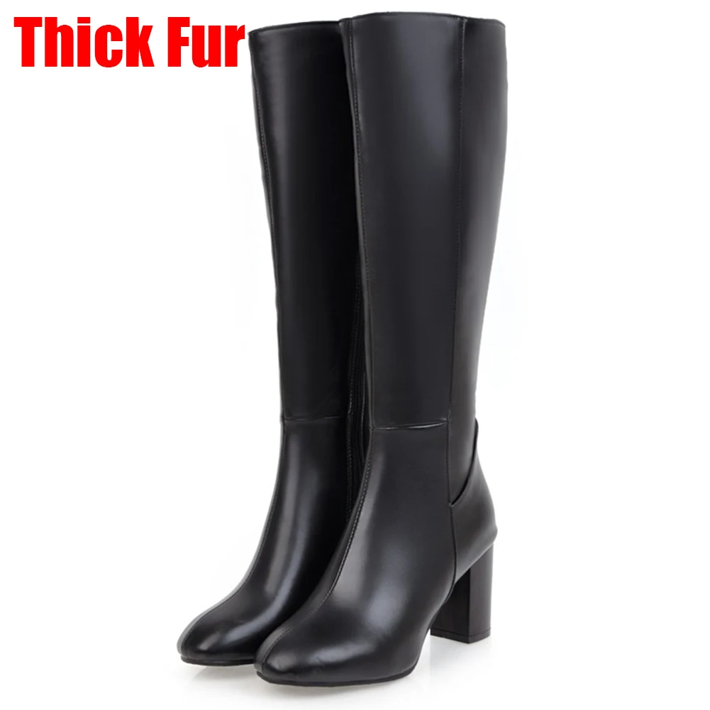 black thick fur DORATASIA/Новые Брендовые женские ботинки до середины икры, большие размеры 32-45 женская обувь на высоком каблуке женские Повседневные Вечерние ботинки из органической кожи на осень и зиму - Цвет: black thick fur