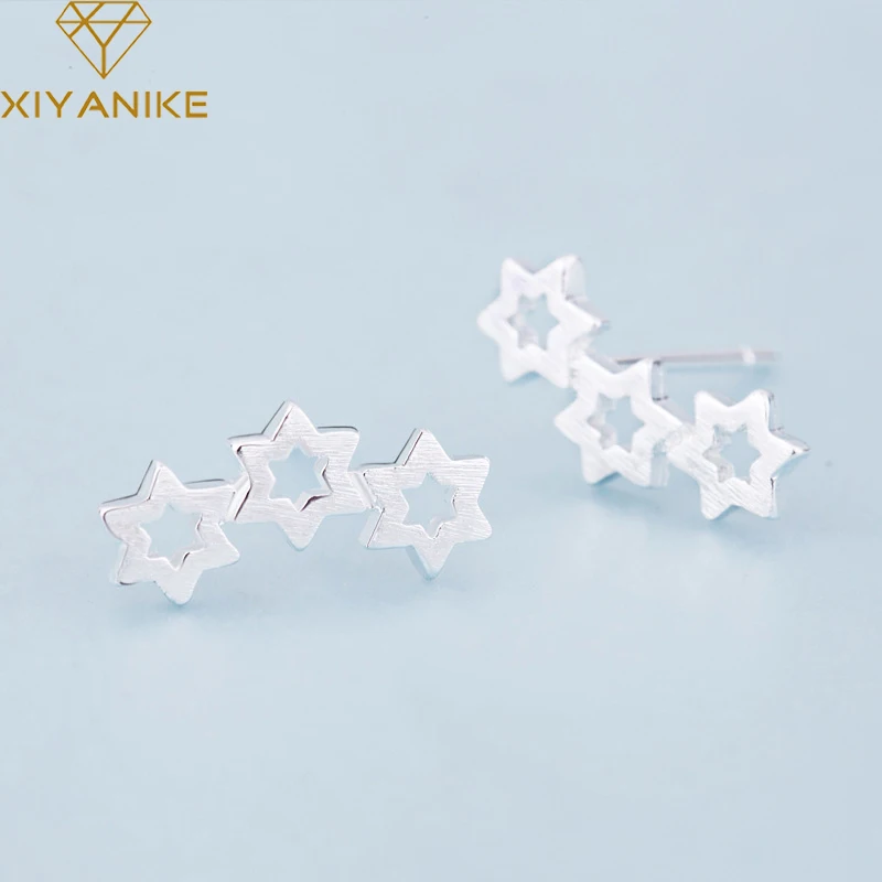 XIYANIKE 925 серебро корейский стиль 3 звезды полые ручной работы серьги гвоздики для женщин модные простые маленькие серьги ювелирные кольца