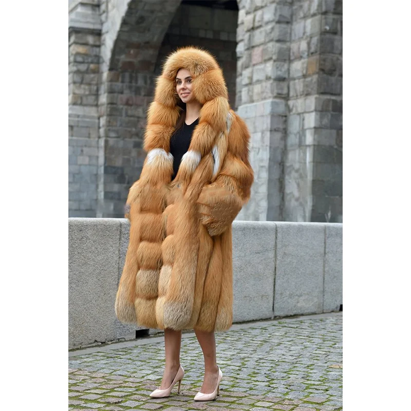 FURSARCAR New Full Pelt Real Fur Jacket Women Winter Natural Gold Fox Fur Outwear  With Hood 110cm Long Thick Fur Coat