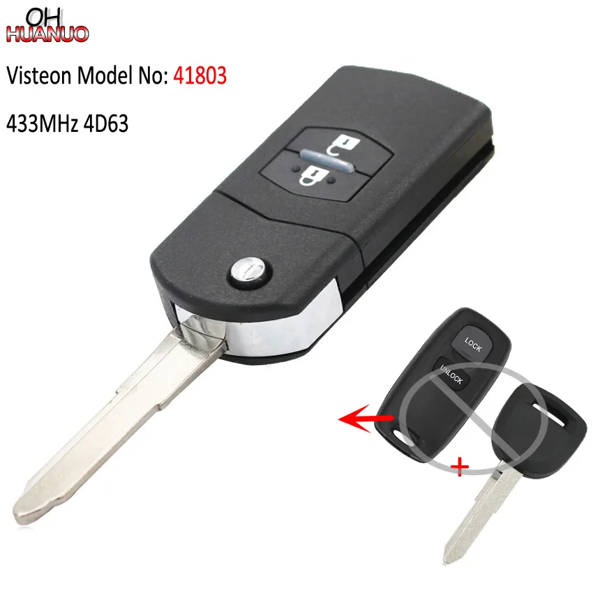 

Upgraded Flip Remote Car Key Fob 2 Button 433MHz 4D63 for Mazda 2 3 6 2002-2005 Visteon Model No. 41803