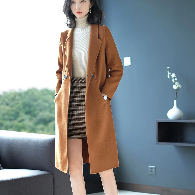 

long woolen blends cashmere coats for women 2019 autumn winter ladies jackets plus size overcoats coffee double face casual