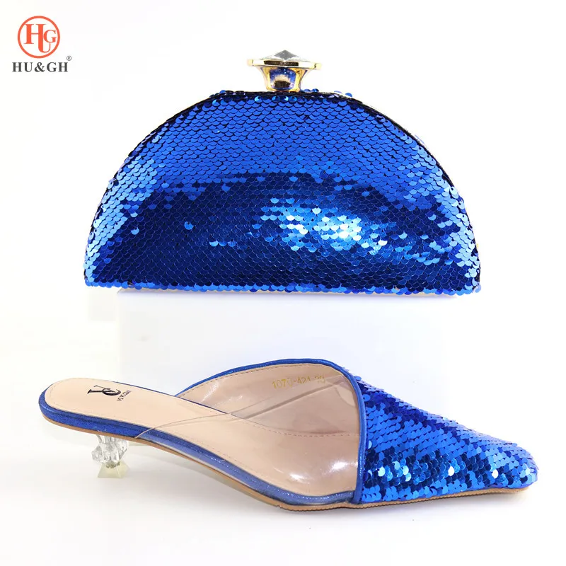 

Royal Blue African shoes and bag set Low Heel Italian Sequins Shoes with matching Bag Best Selling Ladies matching Shoes and Bag
