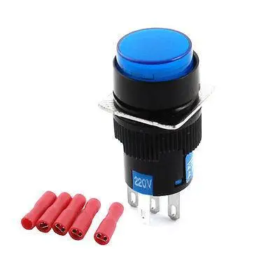 

AC 220V Blue Indicator 16mm Panel SPDT Latching Push Button Switch + Connector