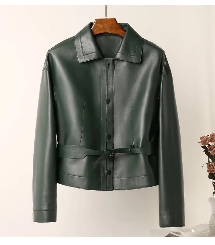 Spring Autumn Designer Women's Genuine Leather Belt Jackets Korean Style Sheepskin Short Coat C211