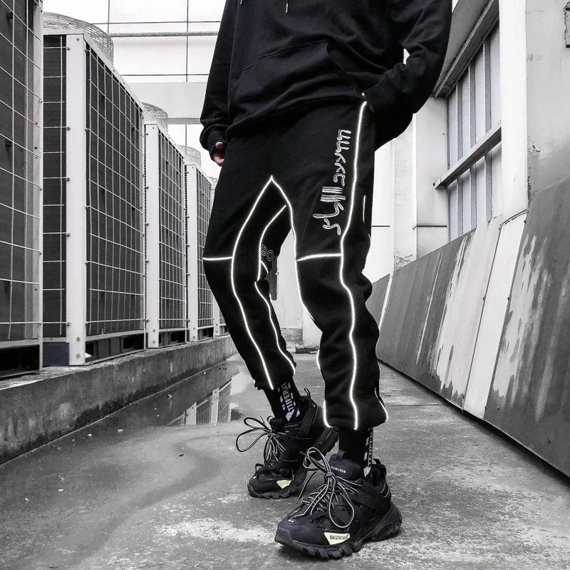 Хип светоотражающий дизайн полосы карго Мужские штаны для бега брюки осень повседневные уличные брюки Эластичный Талия черный WG558