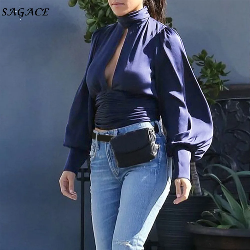  Sagace T-shirts Women Solid Navy Buttonhole Backless Sexy Long Sleeve Top Slim Fashion Casual O-nec