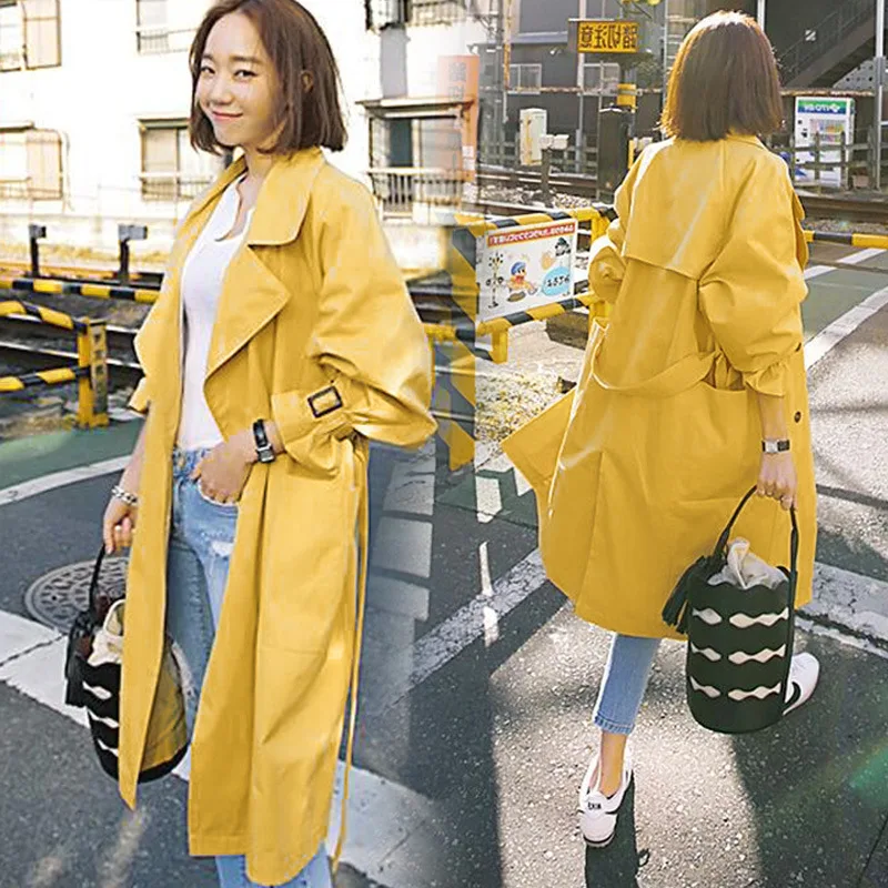 

Trench Coat Women's Mid-length Korean-style Spring 2019 Spring And Autumn New Style Yellow Thin Coat CHIC Versatile over-the-Kne