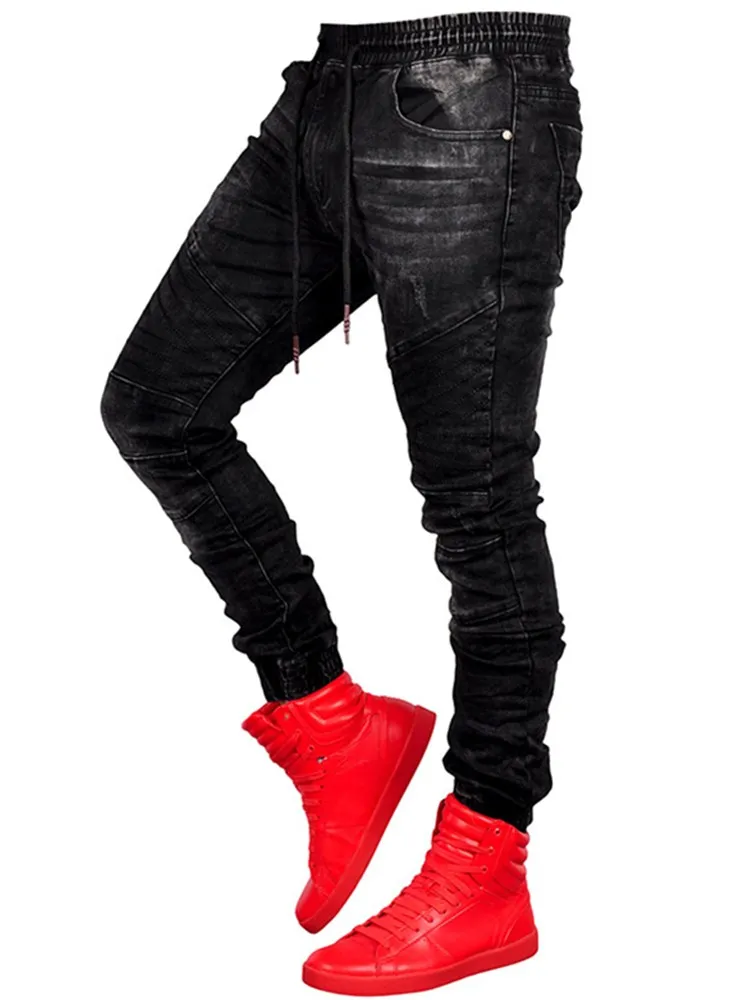 Autumn Winter Men's Fashion Trends Jeans Straight Denim Trouers Classic Style Patchwork Pants Elastic Waistband Slim Pants